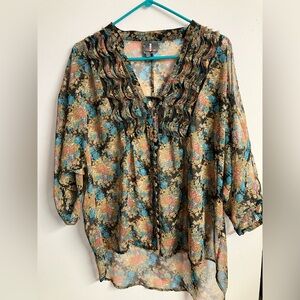 Women’s Sheer Cottagecore Top, L, Floral, V Neck, Hi/Lo, Black/Pink/Blue